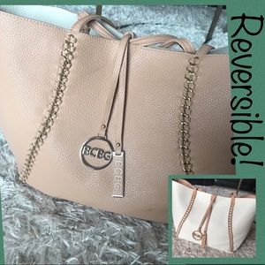 *REVERSIBLE* BCBG Beige & White Chain Tote. *As is